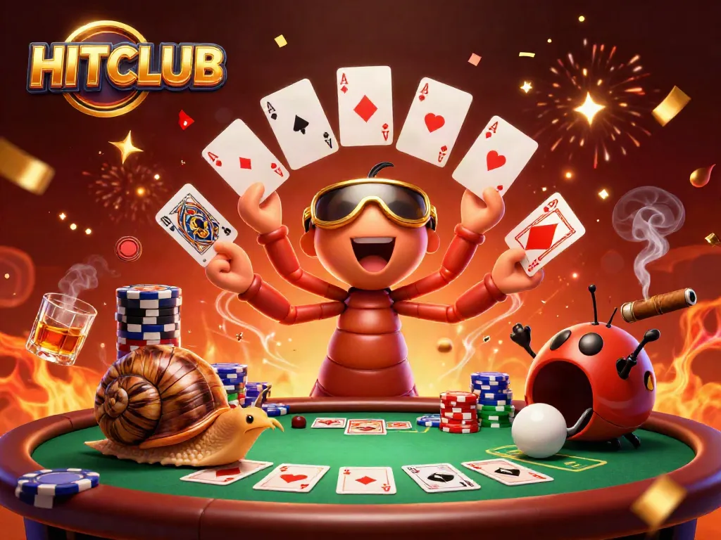 Hitclub celebrates poker with a millipede dealer, high-roller snail, and excitement in a vibrant scene.