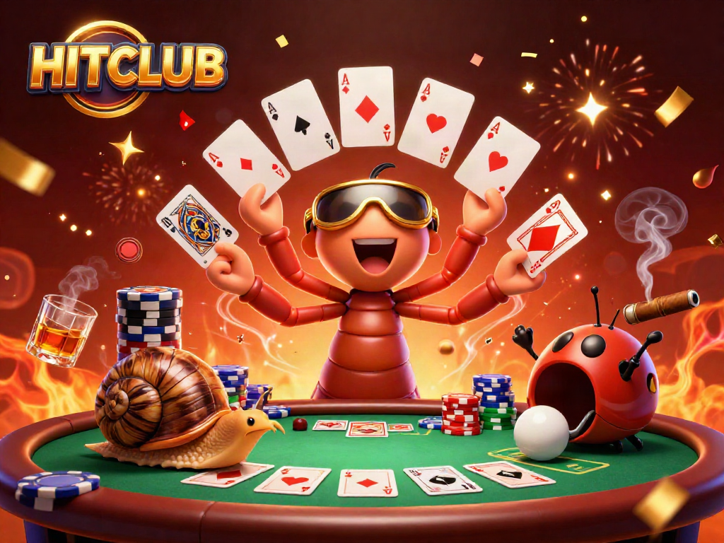 Hitclub celebrates poker with a millipede dealer, high-roller snail, and excitement in a vibrant scene.