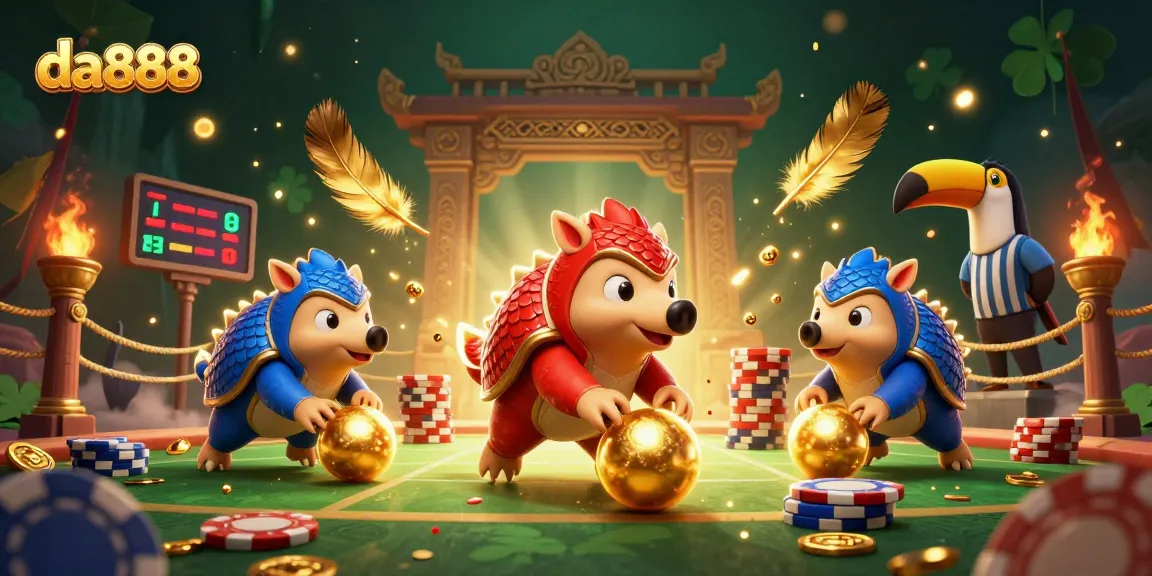 Experience the excitement of da888 with rival pangolins bowling through poker chips in a 3D casino showdown.