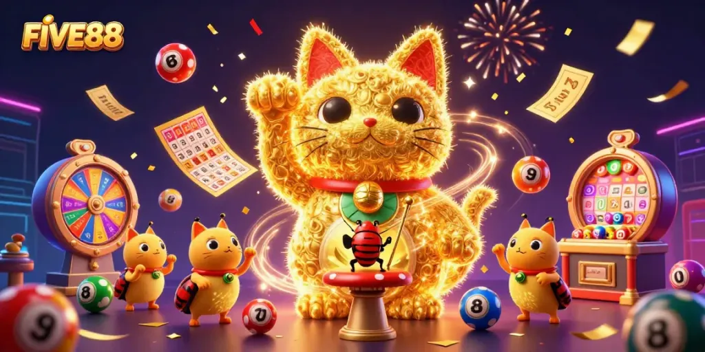 Join the excitement at FIVE88 with a vibrant lucky cat and dynamic casino elements!