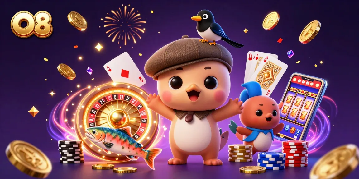 Spin the reels and win at O8 with a vibrant 3D casino illustration featuring lively characters and exciting game elements.