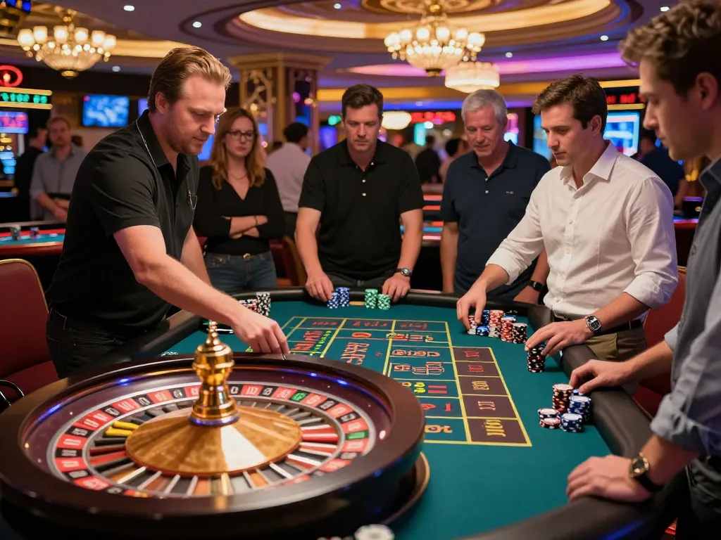 Players engaging in a thrilling roulette game at 79sodoe casino, with vibrant chips and a spinning wheel.