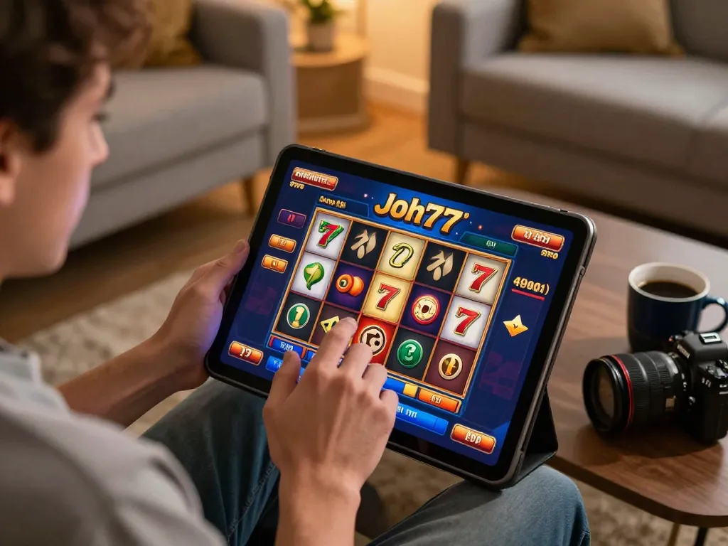 Player enjoying exciting slot games on jus77 in a cozy home setting, showcasing vibrant gameplay.