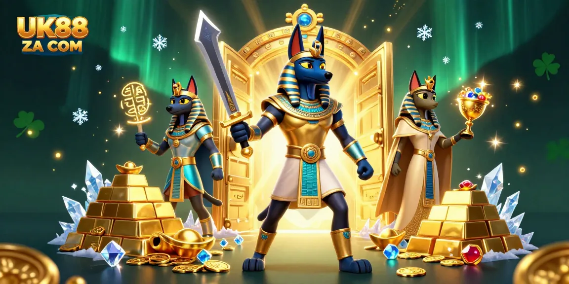 Engage with thrilling bets at UK88 ZA COM, showcasing Anubis and Bastet amid golden treasures.