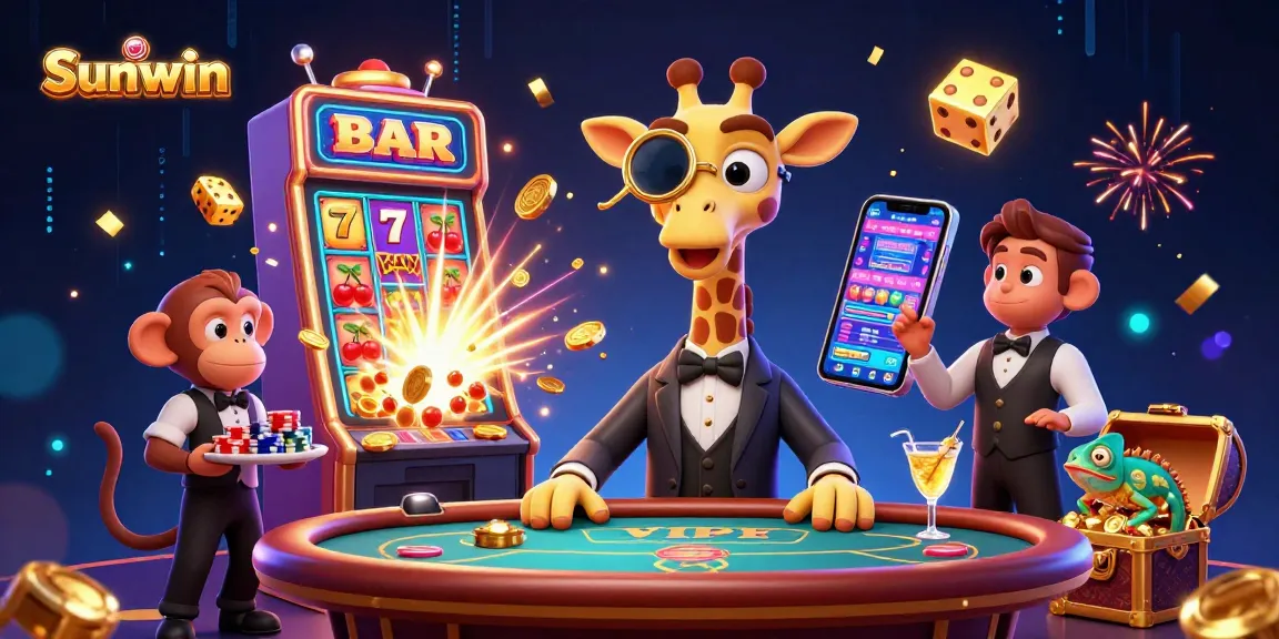 Experience thrilling gameplay with Sunwin at a vibrant online casino featuring a high-roller giraffe and dynamic gaming elements.
