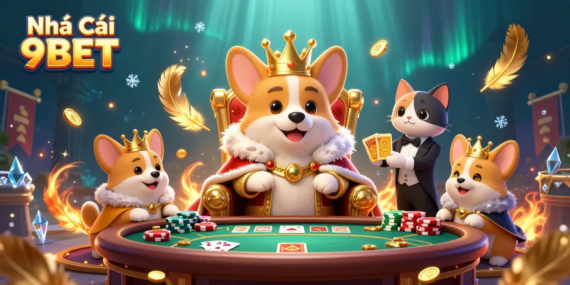 Engage in thrilling gaming with Nhà Cái 9BET featuring a royal corgi amidst dynamic casino elements.