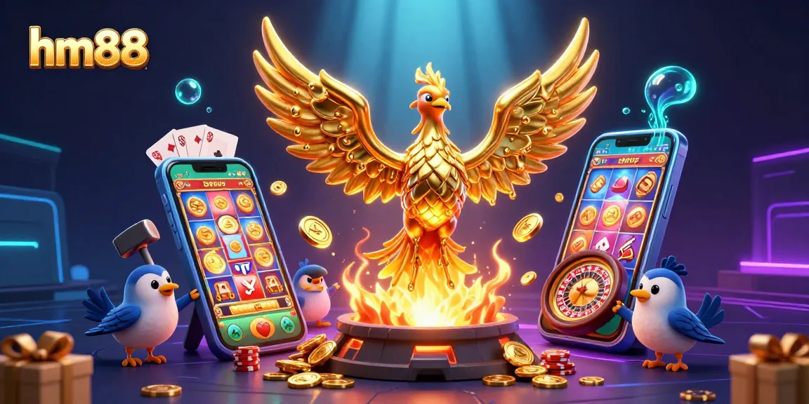 hm88 showcases a molten metal phoenix amidst vibrant casino elements, illustrating the thrill of online gambling.