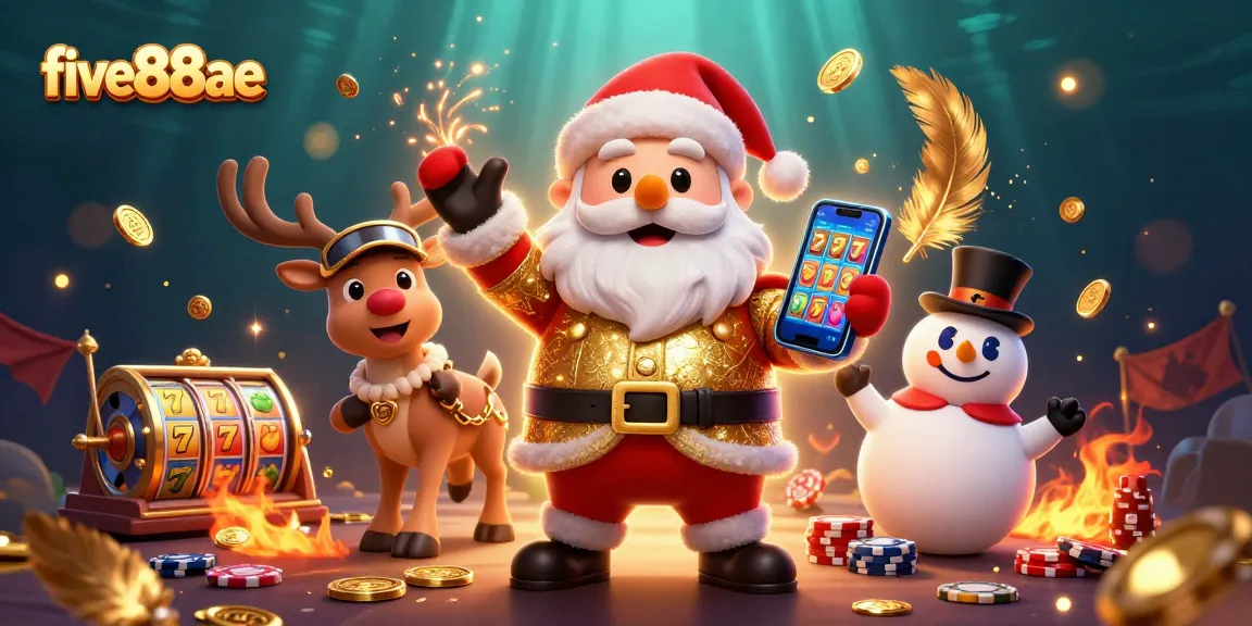 Win big at five88ae with an engaging slot game scene featuring a friendly Santa, reindeer dealer, and a poker chip snowman.