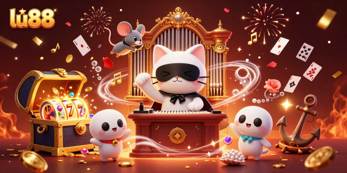Engage with lu88 in a vibrant casino scene featuring a phantom cat, treasure, and dynamic slot elements.