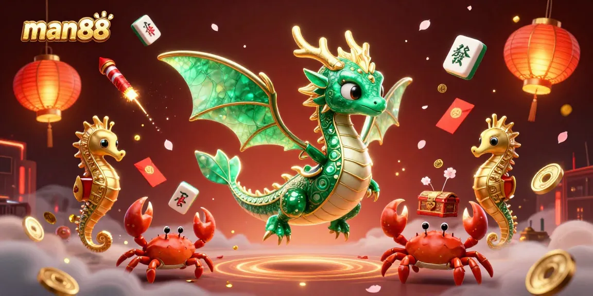 Experience immersive gameplay at man88 with vibrant 3D illustrations of dragons and treasures.