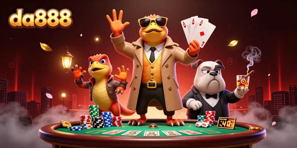 Engage in lively casino action with da888 surrounded by raptors and poker games in cartoon style.