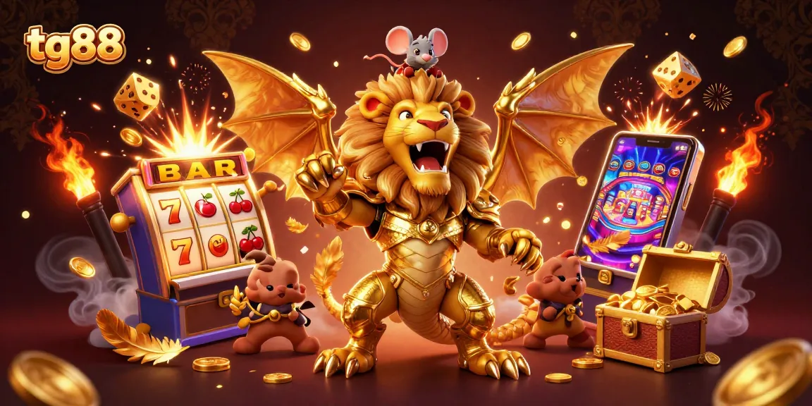 Experience exciting gameplay at tg88 with a triumphant chimera and vibrant casino elements exploding around.