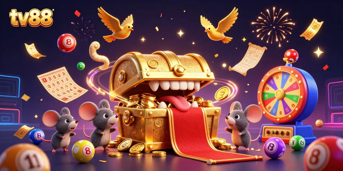 Experience thrilling gameplay with tv88's vibrant casino-themed illustration showcasing treasures and games.