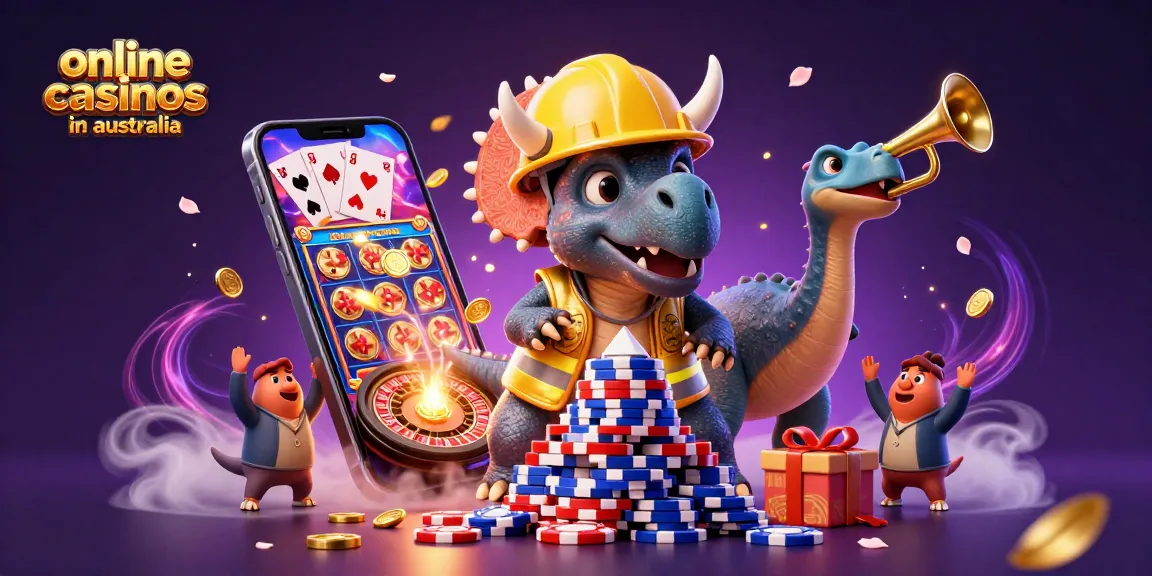 Engaging 3D scene illustrating online casinos in Australia with animated dinosaurs celebrating casino gaming.