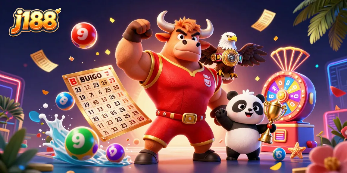 Experience winning at j188 with a dynamic casino celebration featuring mascots and exciting game elements.