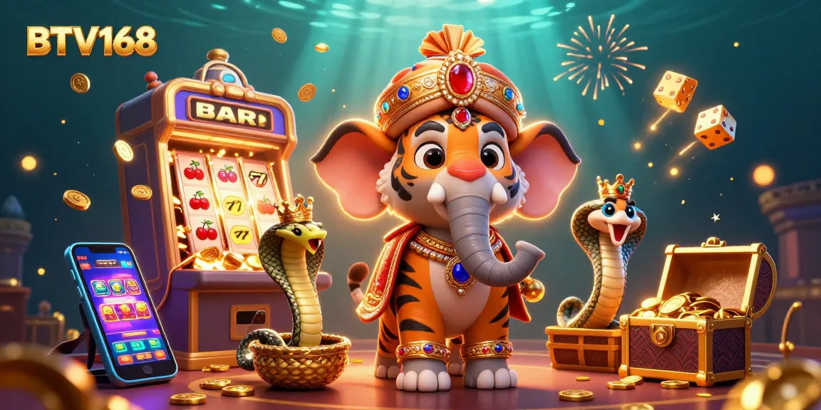 BTV168 slot machine jackpot scene featuring a majestic tiger, elephant, and cobra, celebrating gaming excitement.